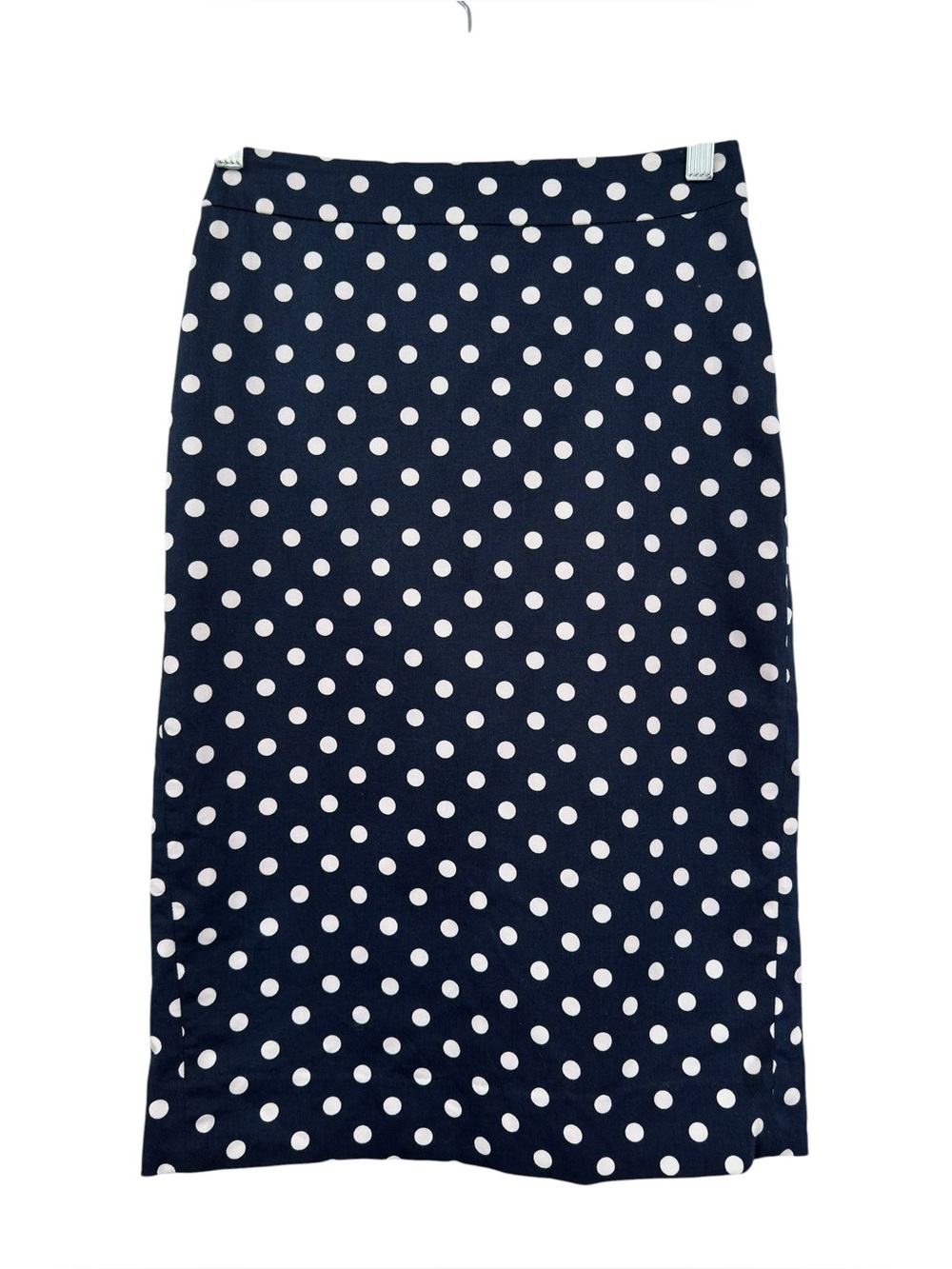 J. Crew Pencil Bi-Stretch Cotton Knee Skirt Size 00 Navy White Polka Dot
